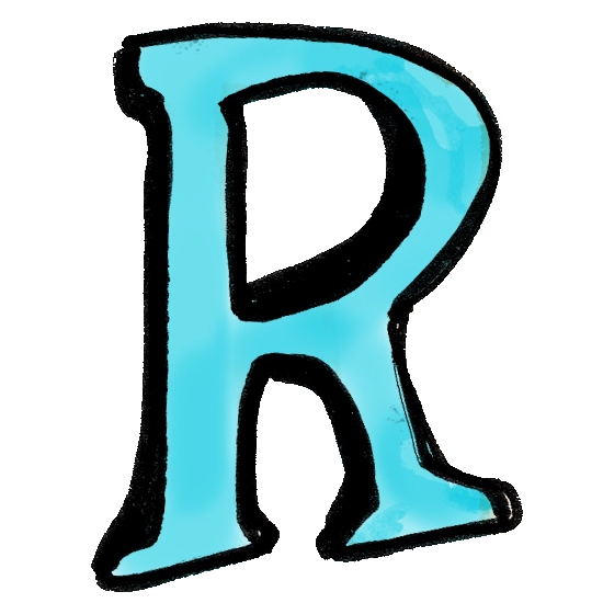 A handwritten, blue, letter R