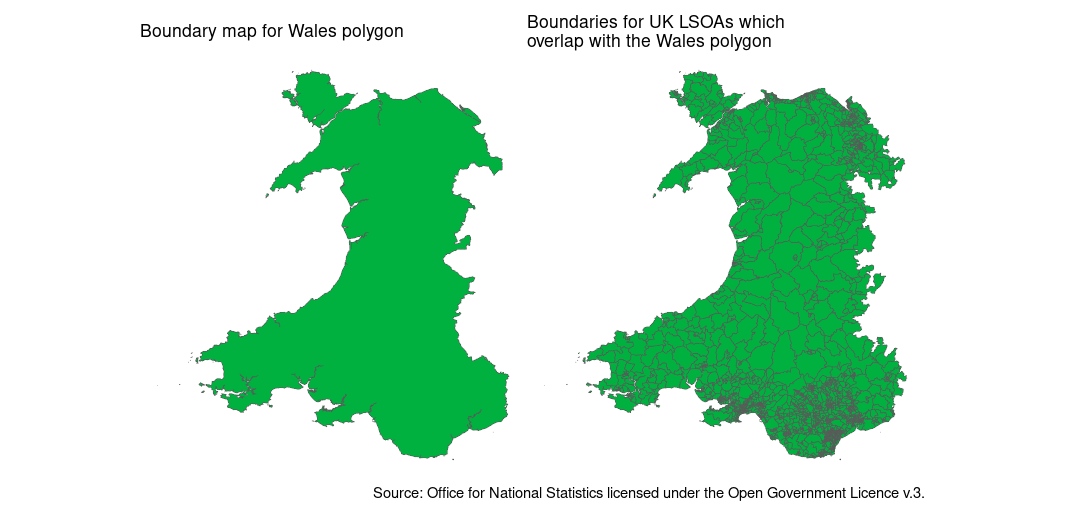 Left:An outline of Wales. Right: A map of all the LSOAs that overlap with the polygon of Wales. There are some English LSOAs visible on the border. Cymru am byth.
