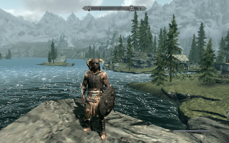 A character from Skyrim in full battle clothing stoof near a river.