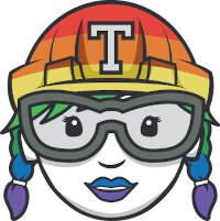 Cartoon woman with a hardhat and glasses. The colouring is pride rainbow.