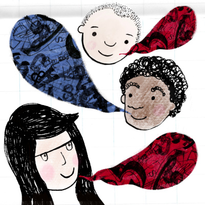 Three cartoon faces with speech bubbles